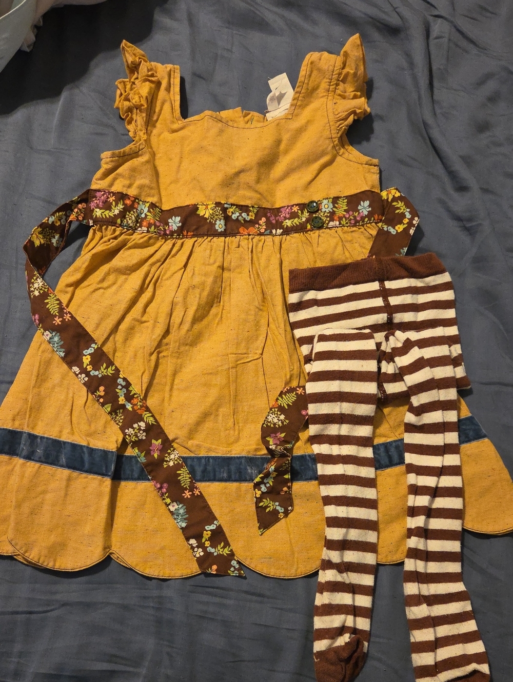 Matilda Jane Kids Tan Floral-Accent Costume Dress with Brown Striped Tights